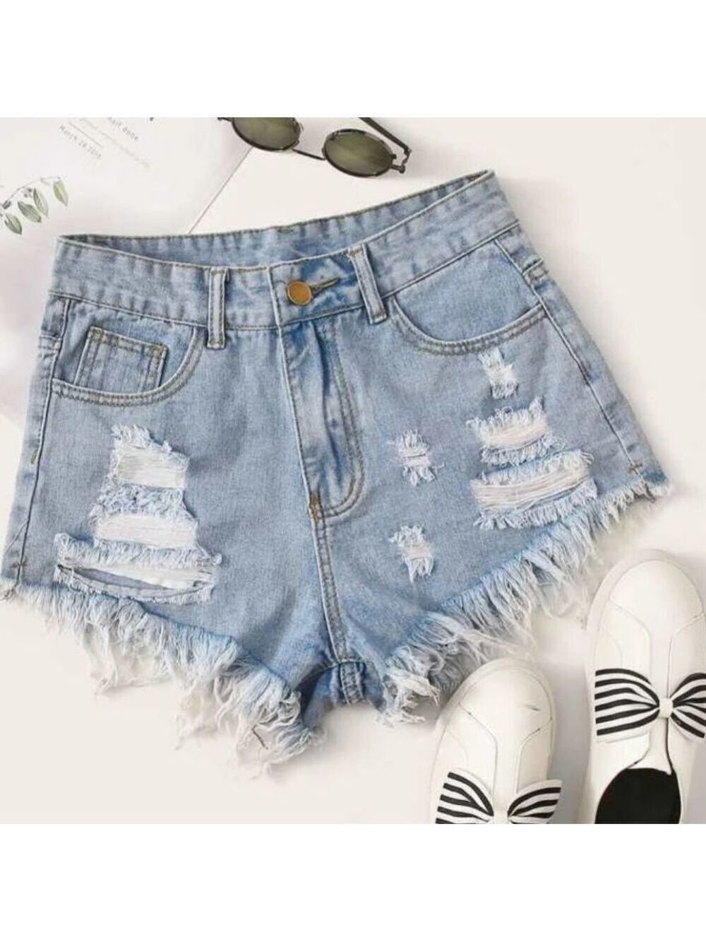 Shein EZwear Raw Hem Ripped Denim Shorts Size 4 - New Without Tags